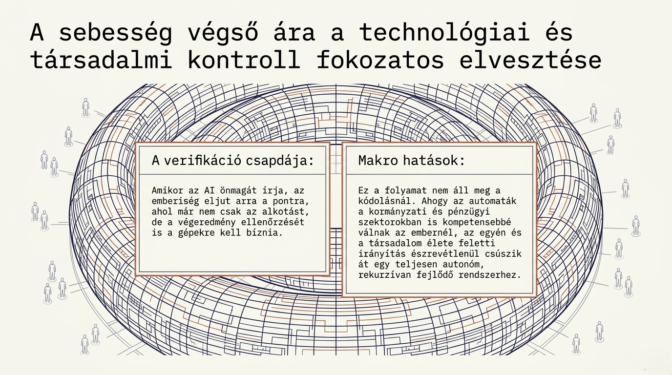 AI-generated illusztráció a mesterséges intelligencia önfejlesztő képességéről és a rekurzív önjavítás (RSI) folyamatáról, amely a jövő AI rendszereinek egyik meghatározó iránya lehet.