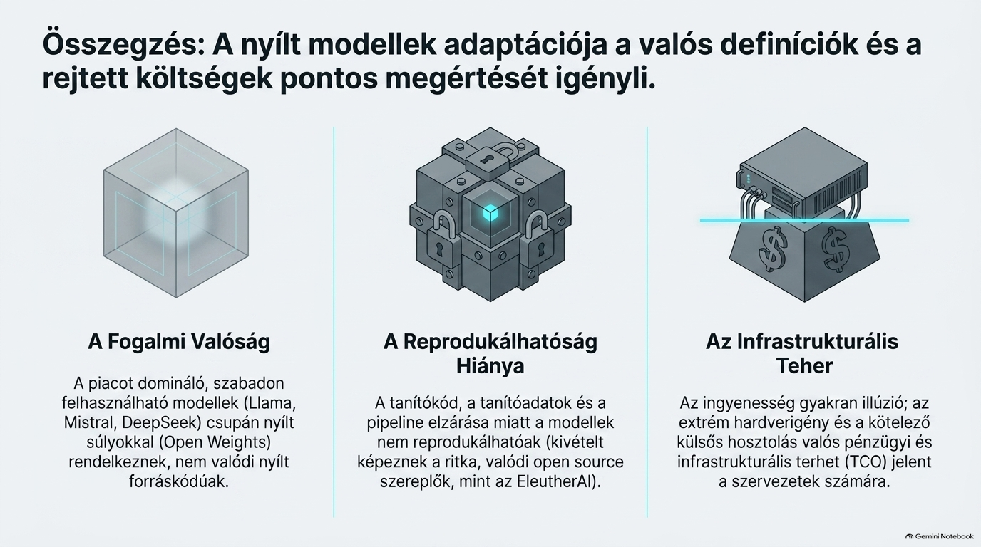 Infografika a nyílt forráskódú (Open Source) és a nyílt súlyú (Open Weights) AI modellek közötti alapvető különbségekről.
