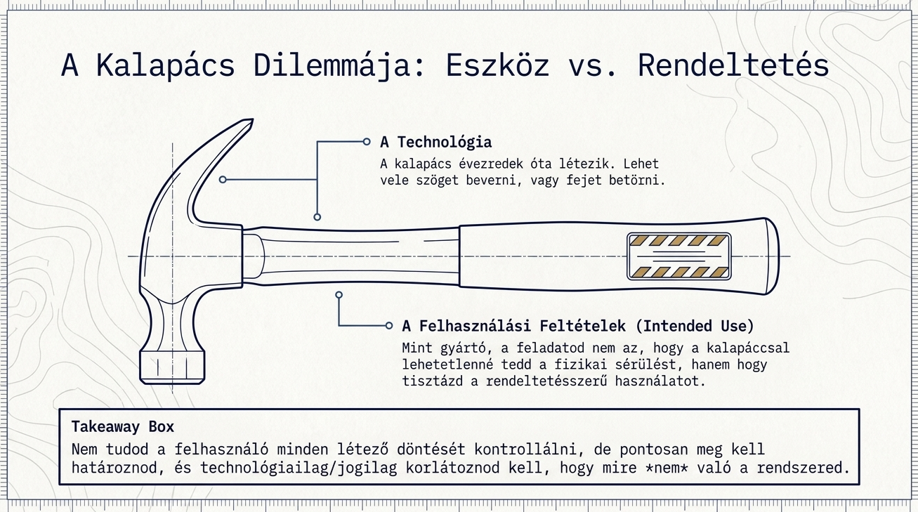 Világos hátterű infografika egy vonalas rajzstílusú kalapáccsal. Cím: „A kalapács dilemmája: Eszköz vs. Rendeltetés”. Kiemelt szövegek magyarázzák, hogy a kalapács technológia önmagában semleges, a kockázat a használat módjától függ. Egy másik blokk az „Intended Use”-t írja le, mint fejlesztői felelősséget. Alul egy „Takeaway Box” hangsúlyozza, hogy a felhasználást kell egyértelműen definiálni és korlátozni.