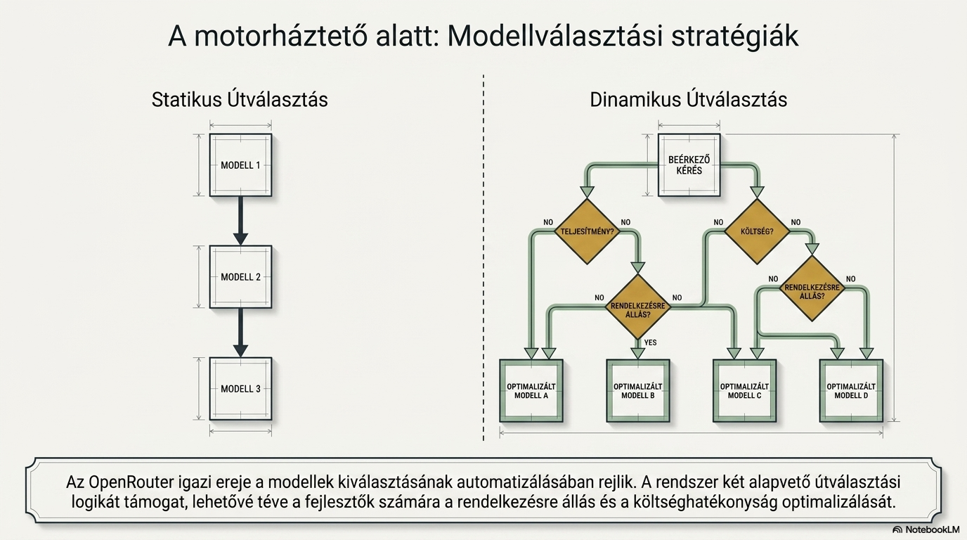 Az OpenRouter működési és routing folyamatábrája, amely bemutatja a felhasználói kérés útját az API-gateway-en és a dinamikus modellválasztási szabályokon keresztül a kiválasztott LLM-ig. Pic Created with AI NotebookLM