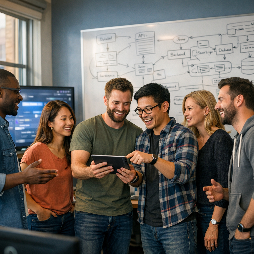 semiwide shot of a team looking at a tablet with software design in the background